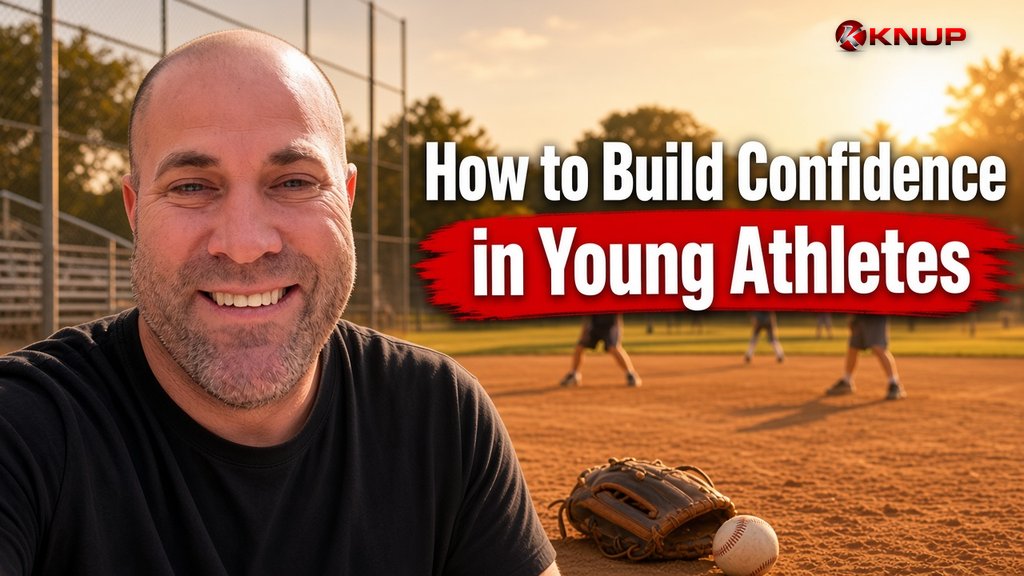 Ryan Knuppel smiling on the left beside a youth sports field at golden hour, with the title How to Build Confidence in Young Athletes