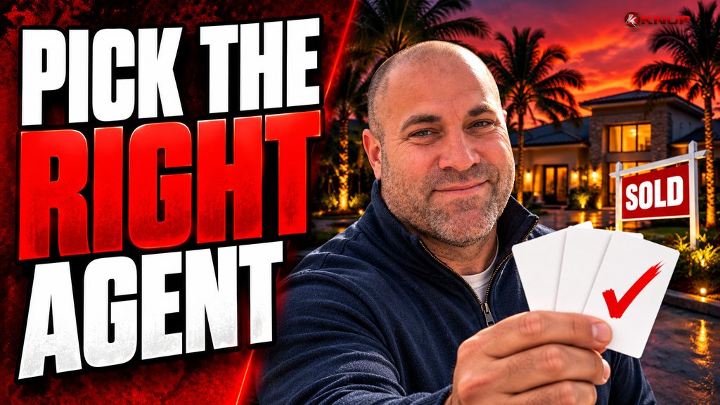 Knup with a confident smirk holding up three agent business cards, one marked with a red check, in front of a house with a SOLD sign, with bold red and black text reading PICK THE RIGHT AGENT