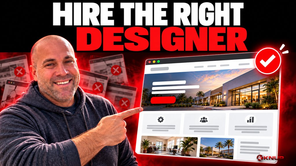 Knup with a confident grin pointing at a giant browser window mockup showing a clean small business website with a red check mark, with bold red and black text reading HIRE THE RIGHT DESIGNER