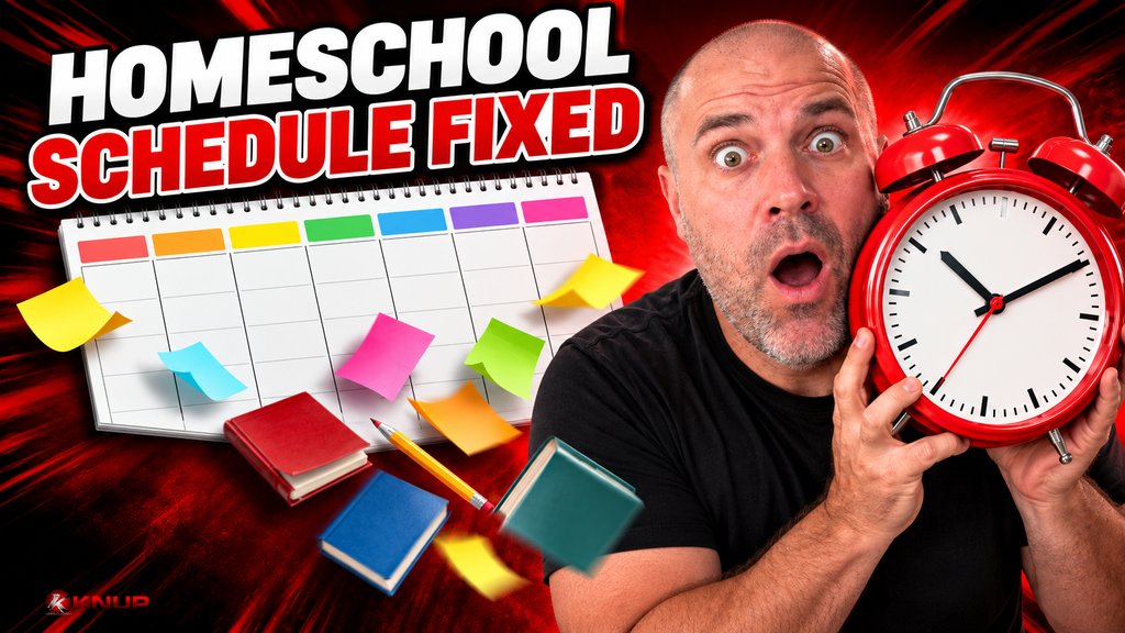Shocked Knup holding a giant red alarm clock next to a weekly planner with sticky notes, books, and a pencil falling off, with bold text reading HOMESCHOOL SCHEDULE FIXED