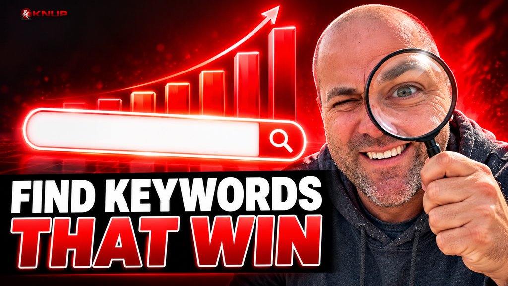 Knup grinning and winking through a giant magnifying glass beside a glowing search bar with a rising red chart, with bold red and black text reading FIND KEYWORDS THAT WIN