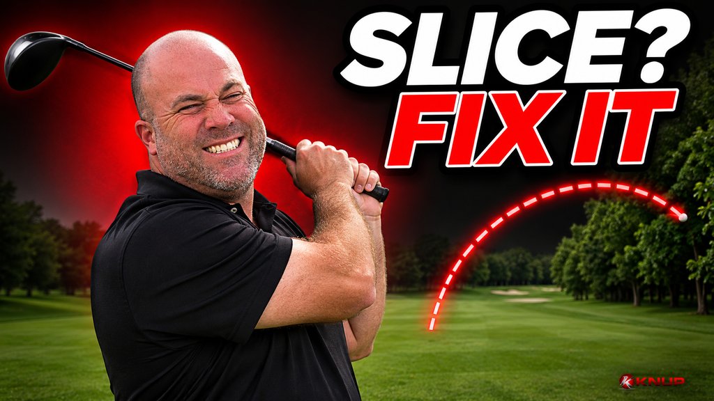 Knup grimacing and laughing in a golf follow-through while a red dotted ball flight arcs to the right toward the trees, with bold text reading SLICE? FIX IT