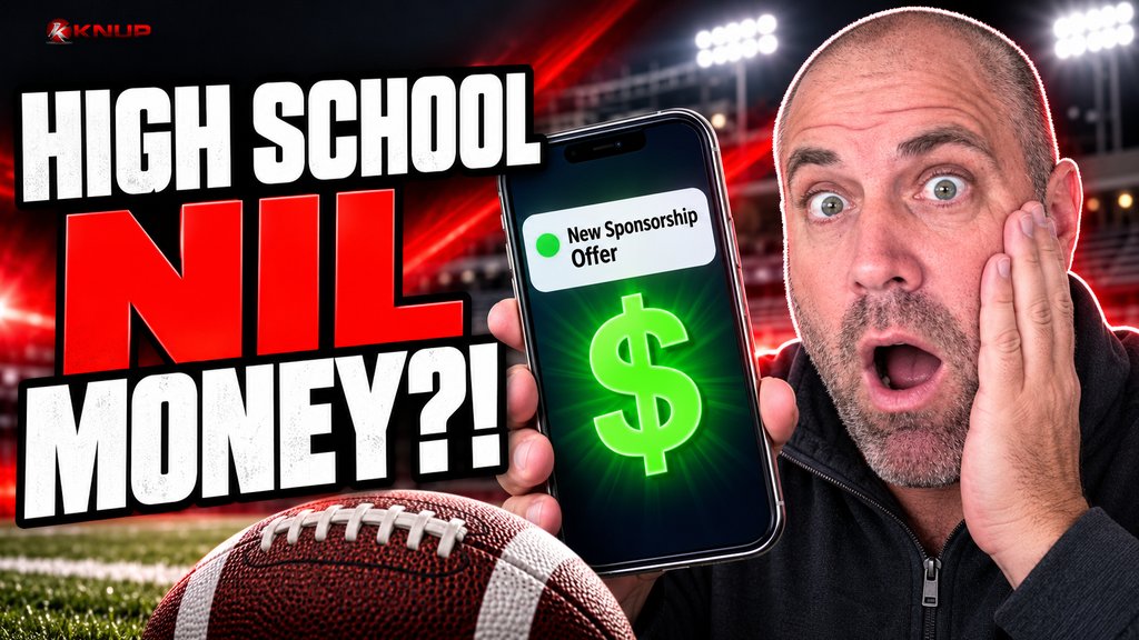 Knup looking shocked next to a smartphone showing a local sponsorship offer, with bold red and black text reading HIGH SCHOOL NIL MONEY