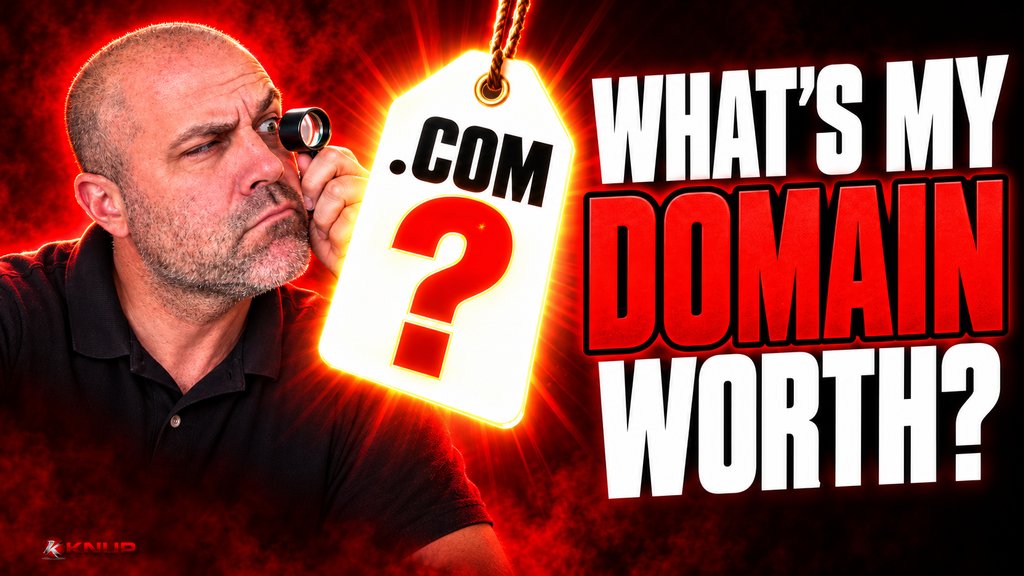 Knup squinting through a jeweler's loupe at a giant glowing .COM price tag, with bold red and black text reading WHAT'S MY DOMAIN WORTH?