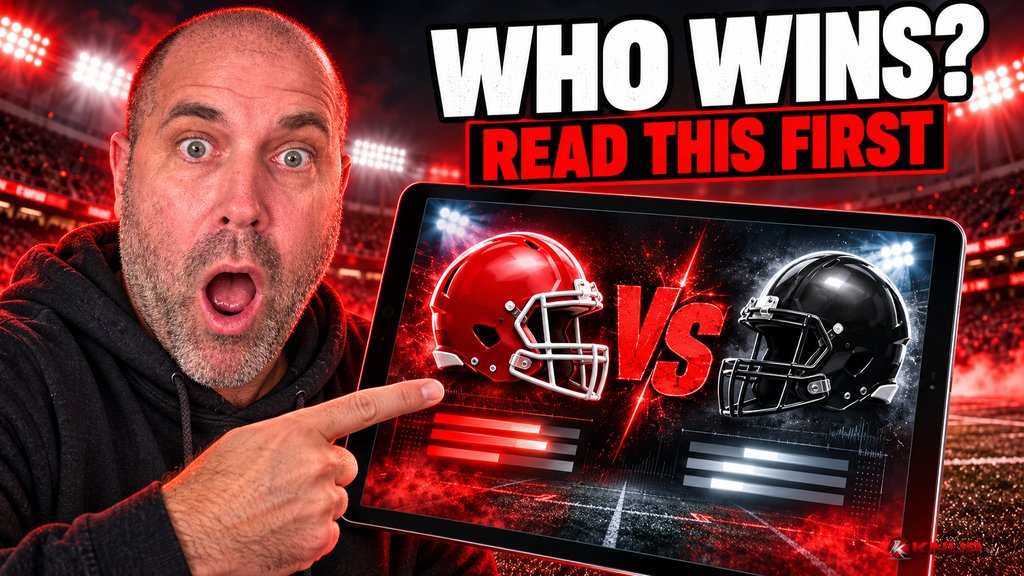 Shocked Knup pointing at a giant tablet showing a matchup card with two blank team helmets and a red VS, with bold red and black text reading WHO WINS? and READ THIS FIRST