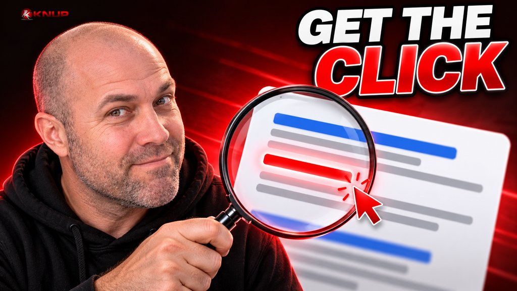 Knup in a black hoodie on the left holding a large magnifying glass over a search results card, with one result highlighted in red and a red cursor clicking it, and bold text reading GET THE CLICK