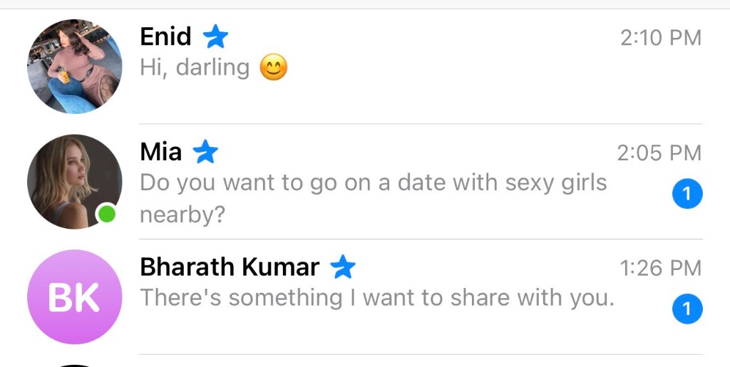 Telegram spam screenshot showing hi darling and other unsolicited messages
