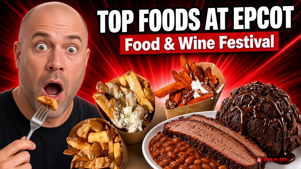 Shocked Knup in a bold red and black thumbnail for Top Foods at EPCOT Food and Wine Festival