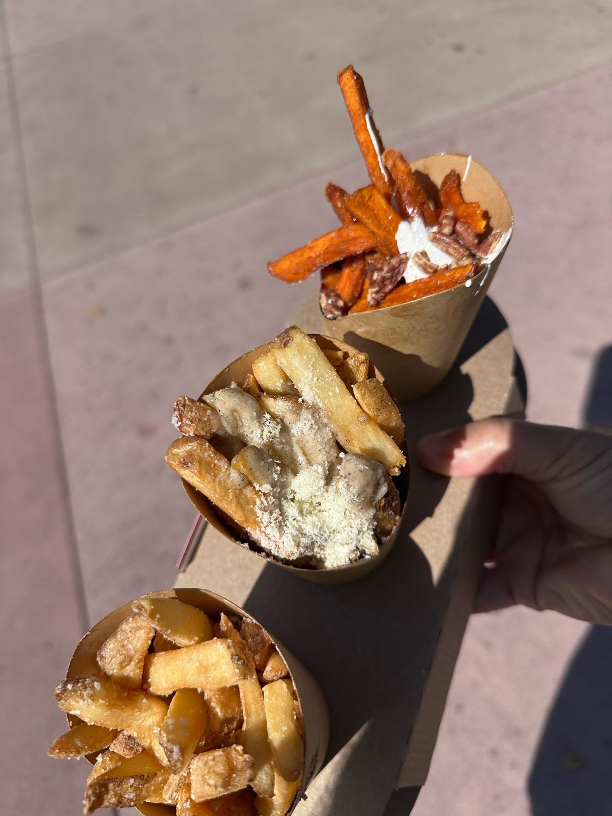The Fry Basket fry flight at EPCOT Food and Wine Festival with sea salt-malt vinegar, truffle-parmesan, and sweet potato casserole fries