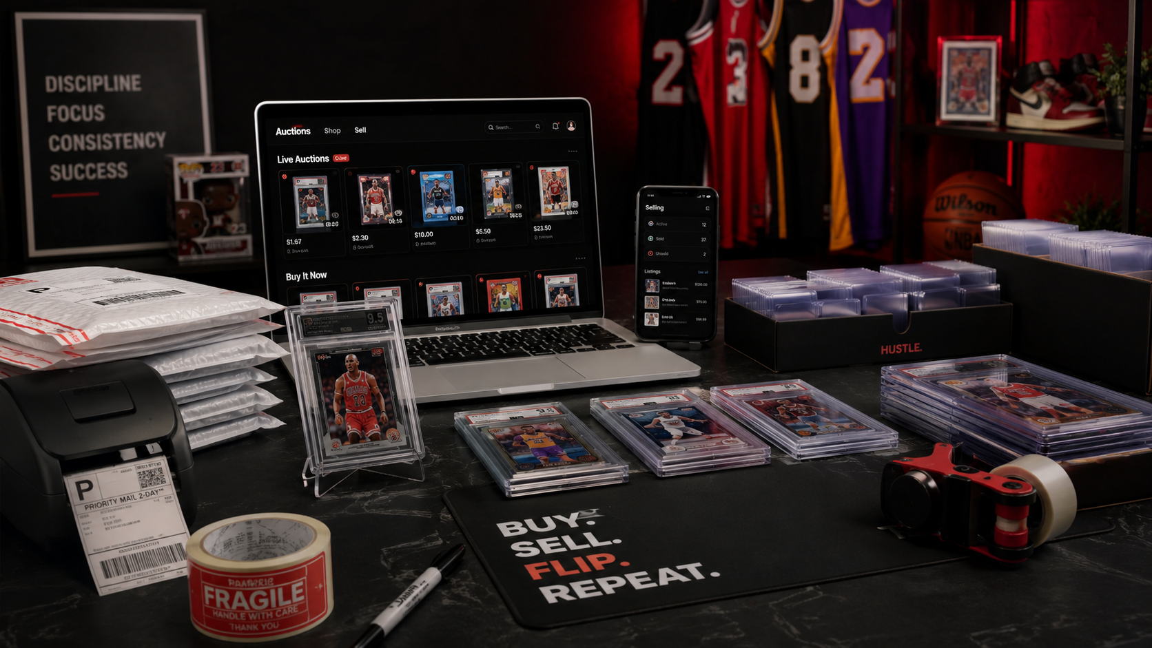 Sports cards, collectibles, and reselling setup