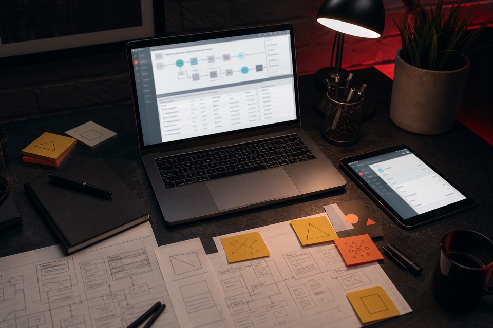 Done For You custom systems and wireframes on a desk