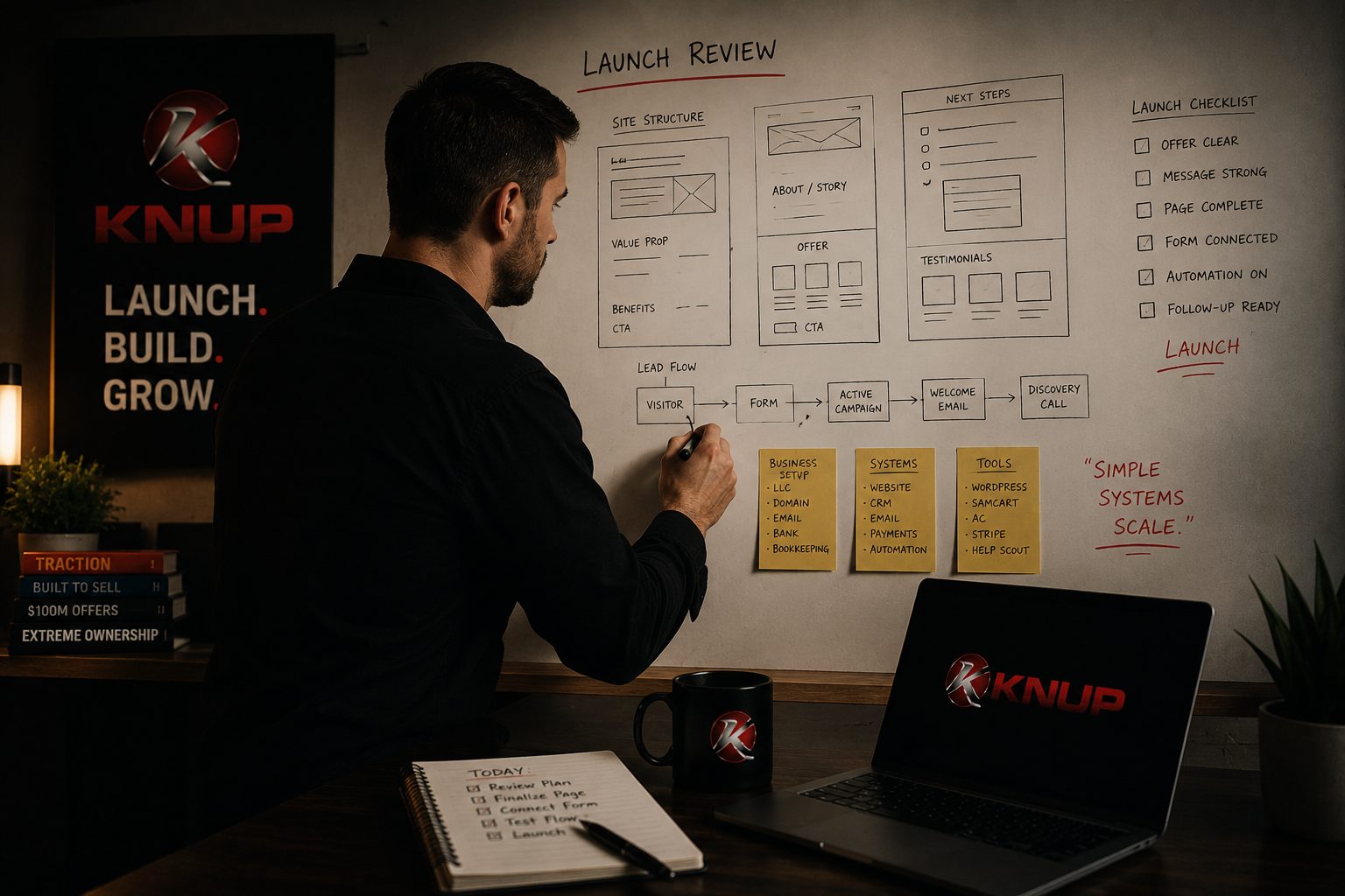Knup launch review with wireframes and planning board