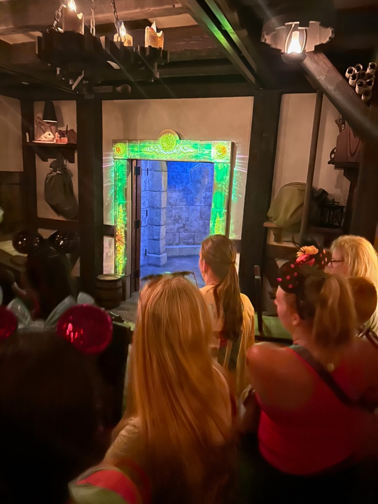 Queue looking through the glowing magic doorway