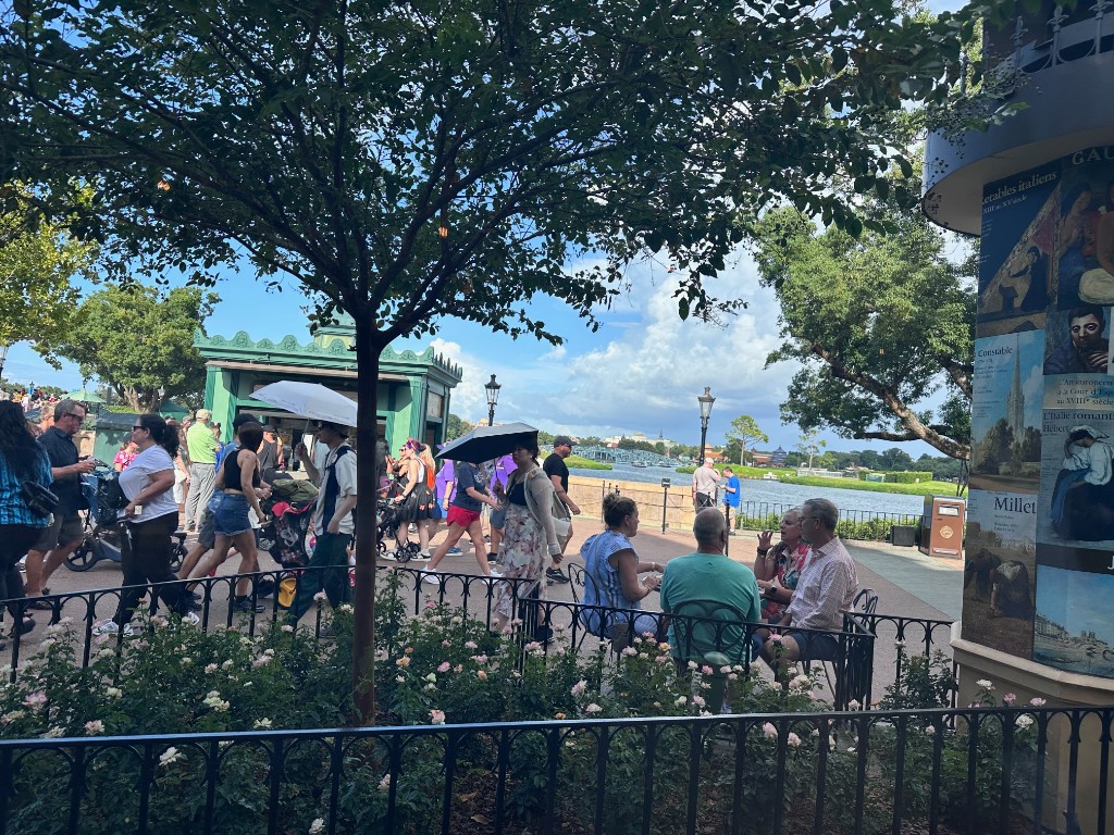 Busy France pavilion plaza near World Showcase Lagoon
