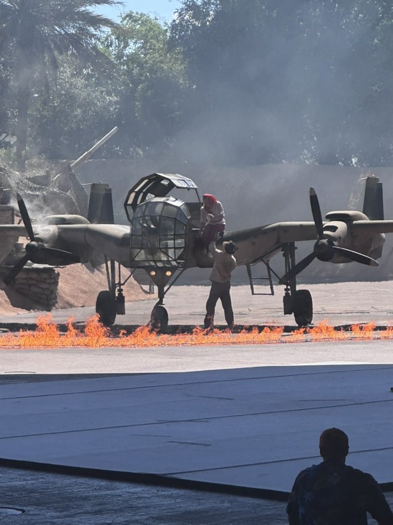 Plane scene with flames during the stunt show