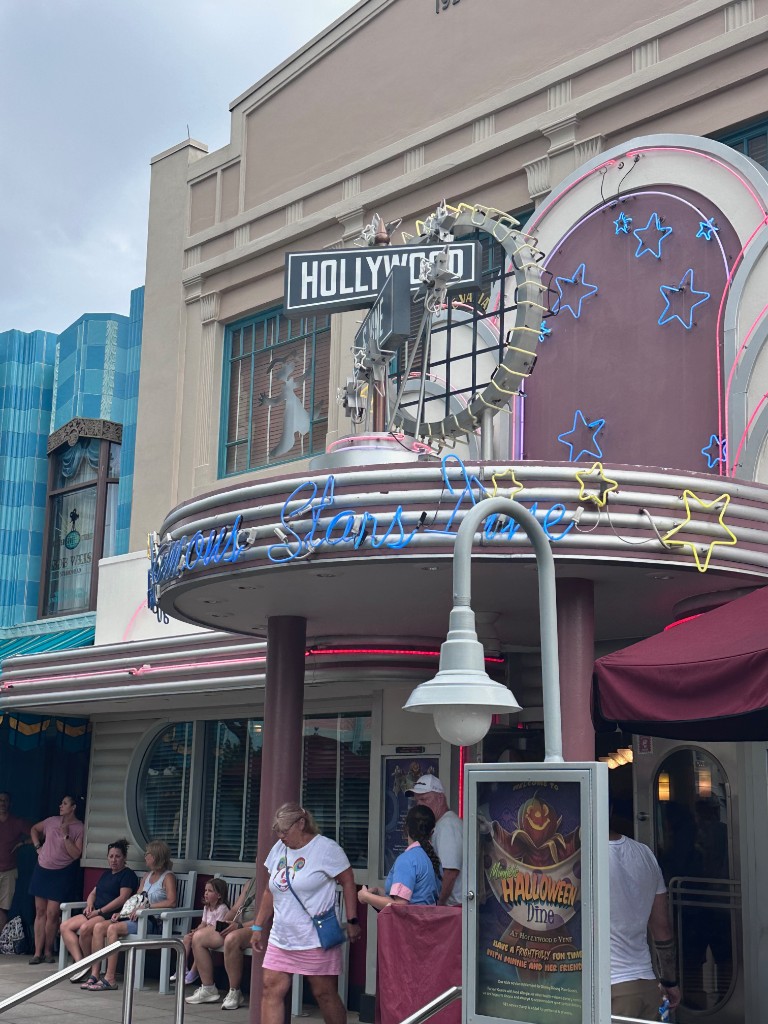 Hollywood and Vine entrance with Minnie Halloween Dine signage