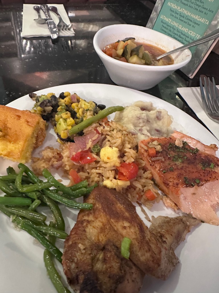 Buffet plate — salmon, chicken, mashed potatoes, green beans, and fried rice