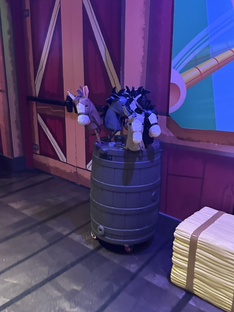 Barrel of hobby horses inside the restaurant
