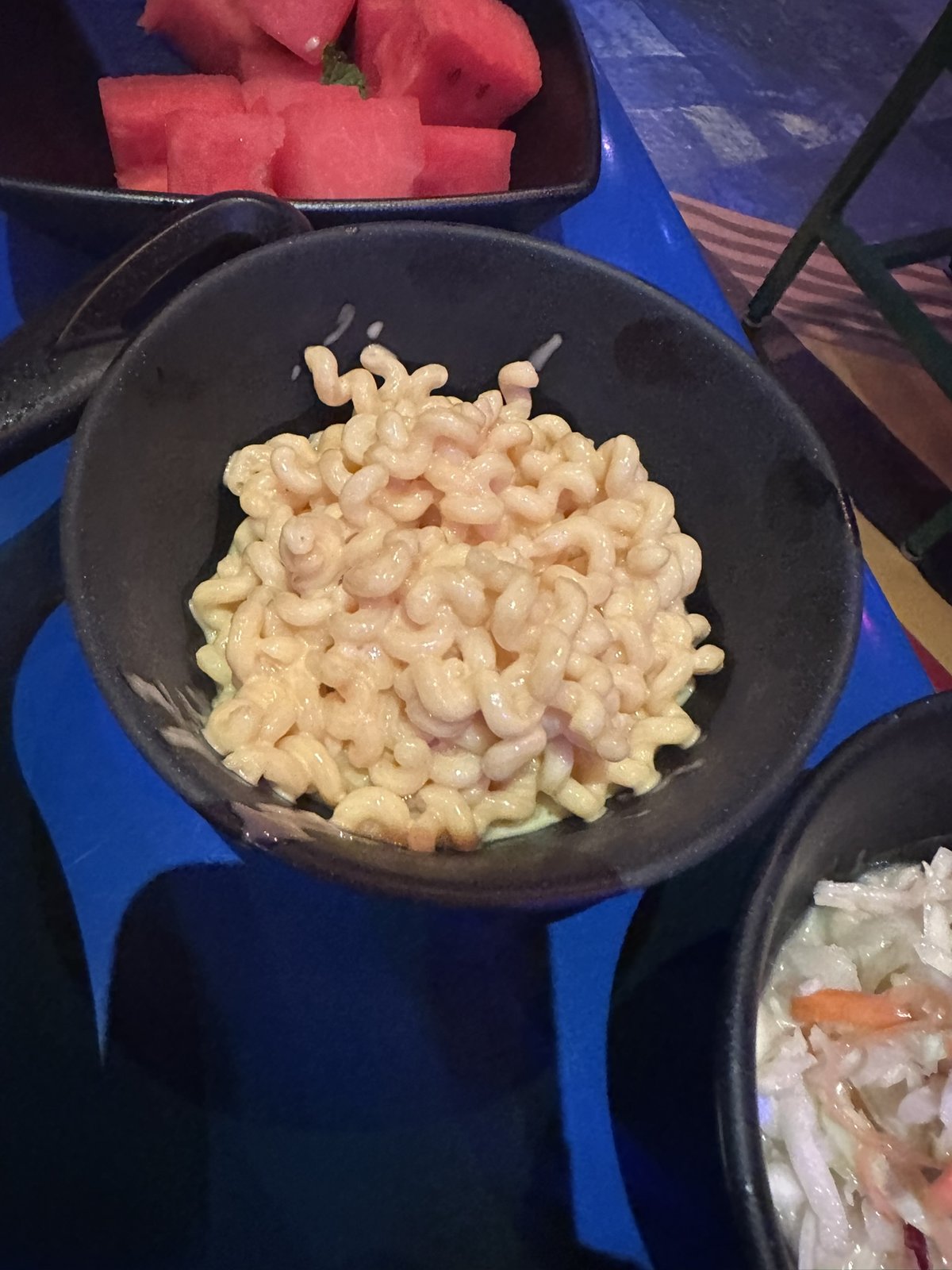 Slinky Dog mac and cheese with watermelon and slaw