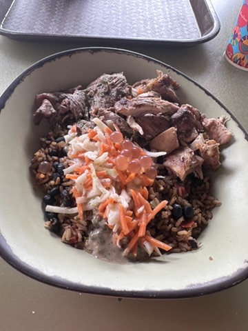 Custom Satu’li bowl with beef, chicken, beans and rice, slaw, and popping pearls