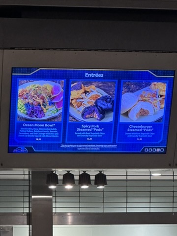 Satu’li Canteen digital entrées board with Ocean Moon Bowl and steamed pods