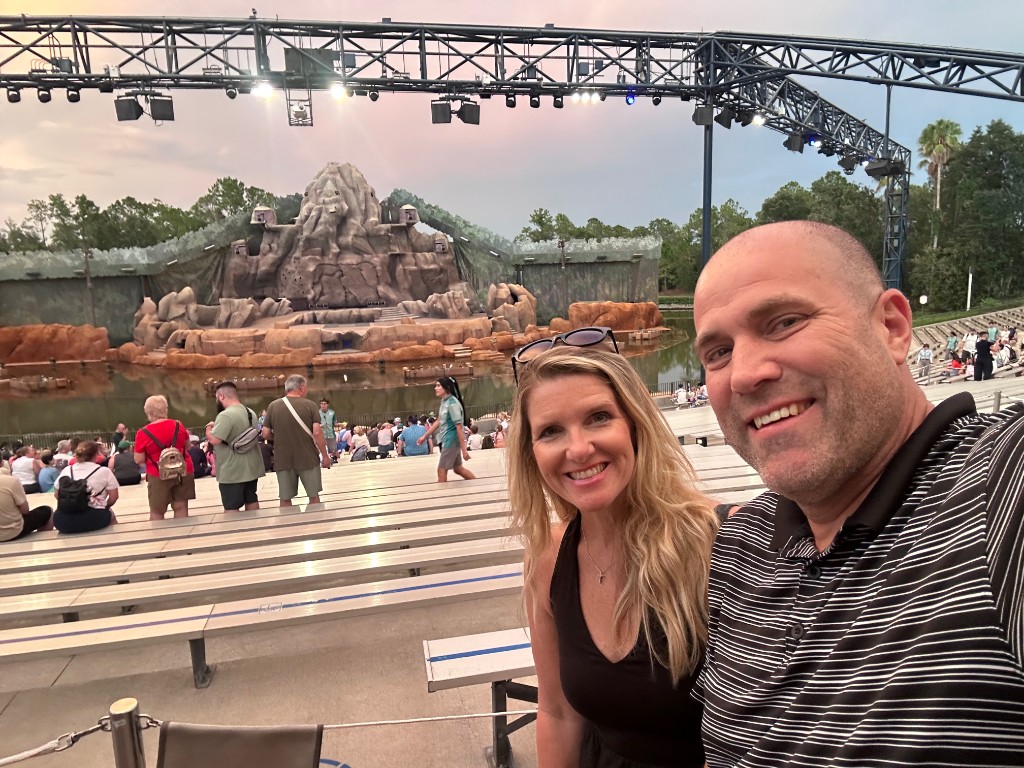Ryan and Sarah in the Fantasmic amphitheatre seats at dusk