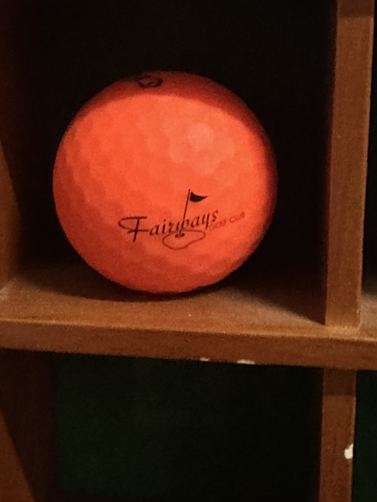 Orange Fairways Golf Club logo golf ball in the collection rack