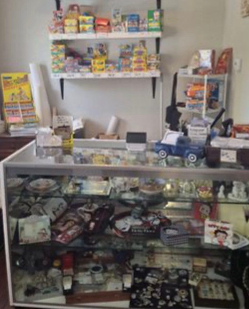 Glass display case with collectibles and boxed merchandise inside the shop