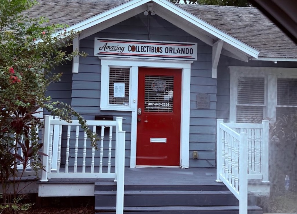 Amazing Collectibles Orlando storefront with red door on South Bumby