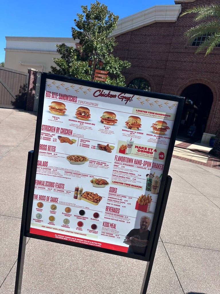 Outdoor Chicken Guy! menu board at Disney Springs