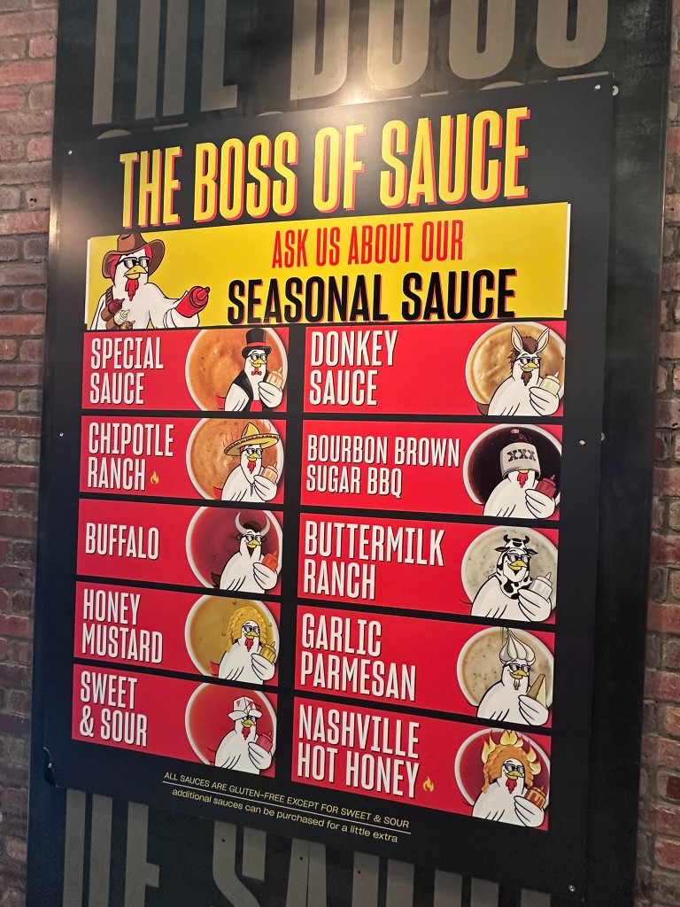 The Boss of Sauce wall listing the signature dips