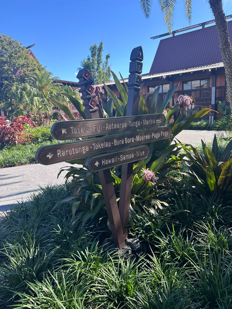 Polynesian Village Resort directional signpost for the longhouses and marina