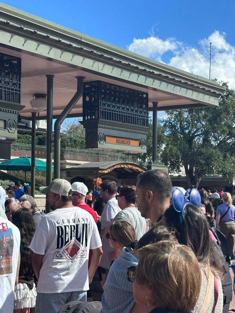 Passholder entrance line under the Magic Kingdom train station