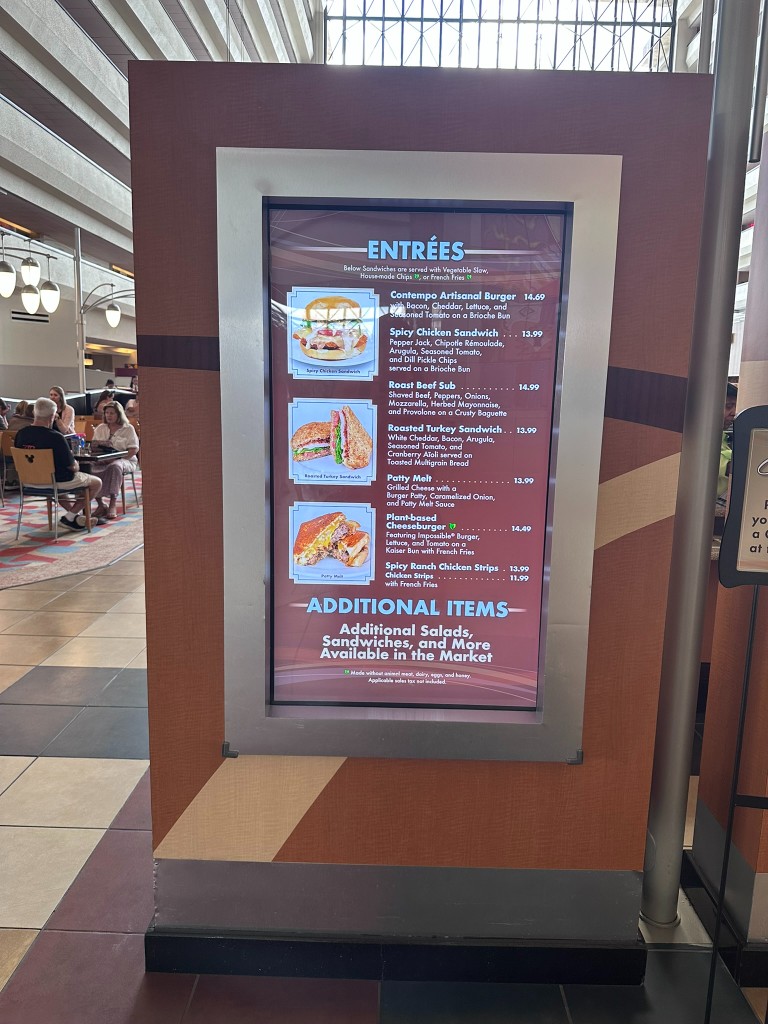 Contempo Café entrées menu board at Contemporary Resort