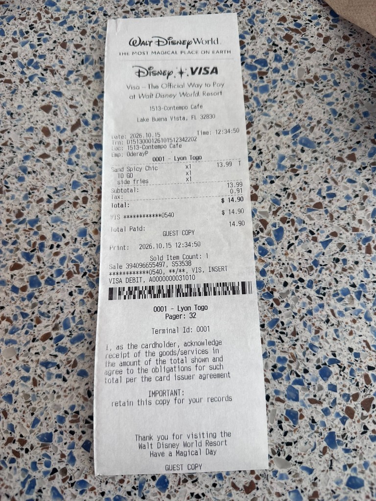 Contempo Café receipt for spicy chicken sandwich to-go on October 15, 2026