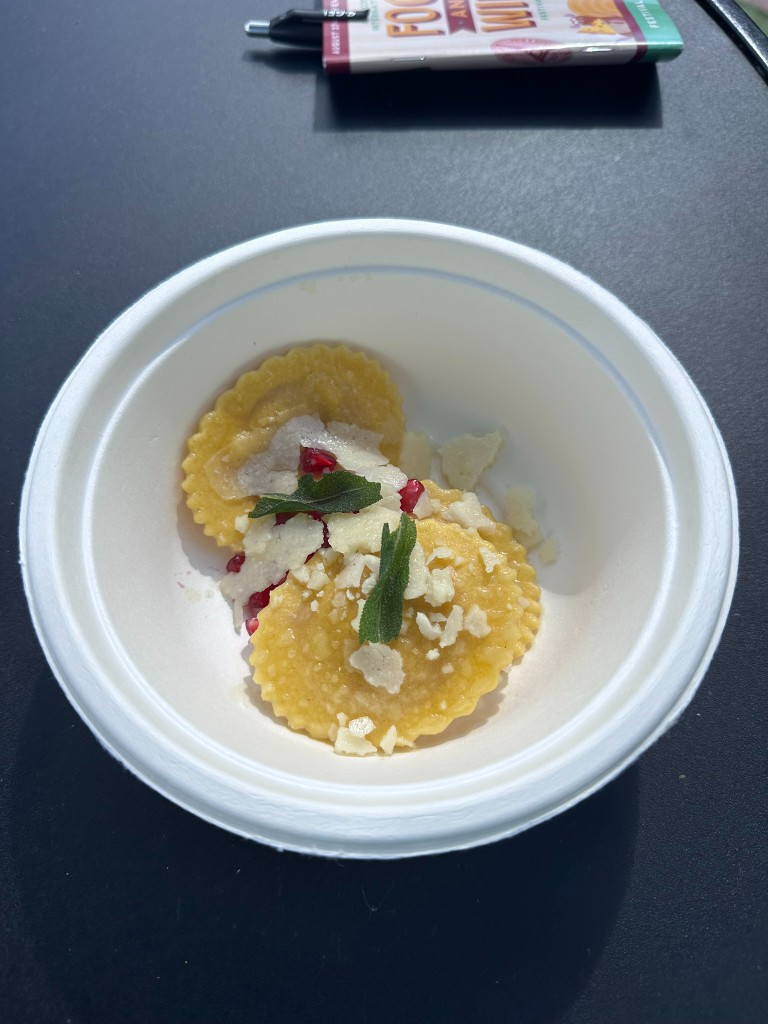 Pumpkin-Mascarpone Ravioli with pomegranate and sage
