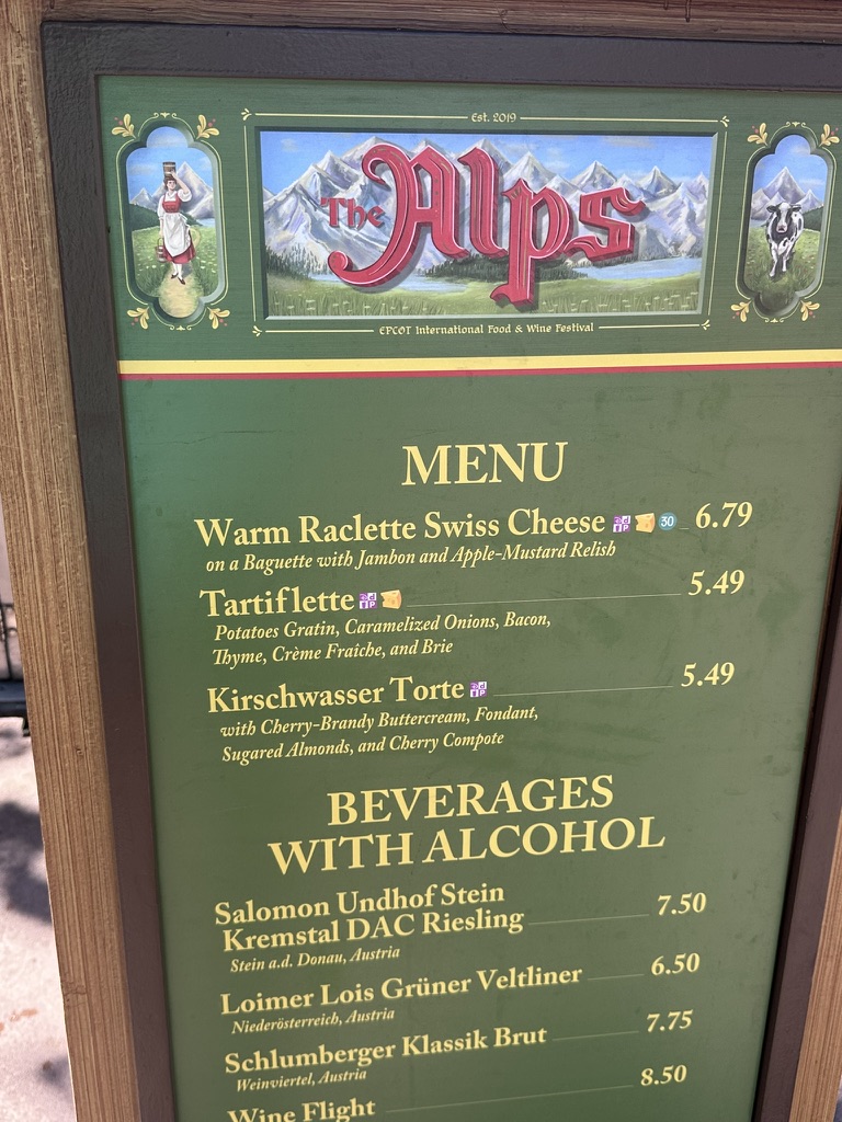 The Alps marketplace menu board with Tartiflette