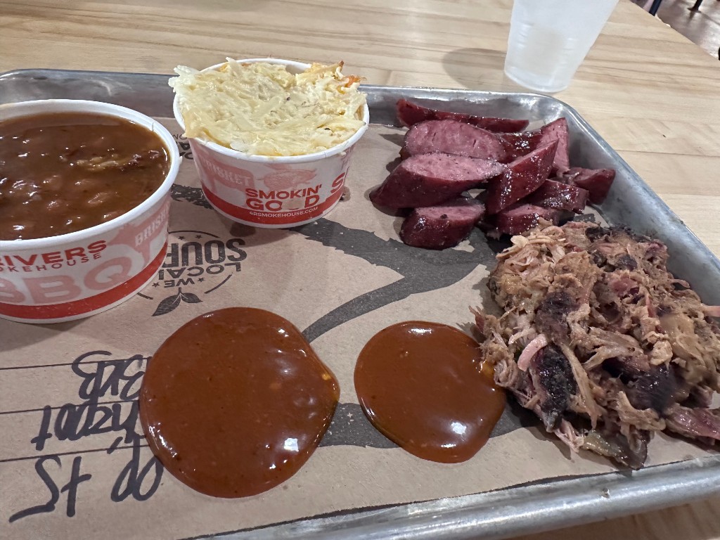 2×2 tray with pulled pork, Texas sausage, baked beans, and cheesy potatoes