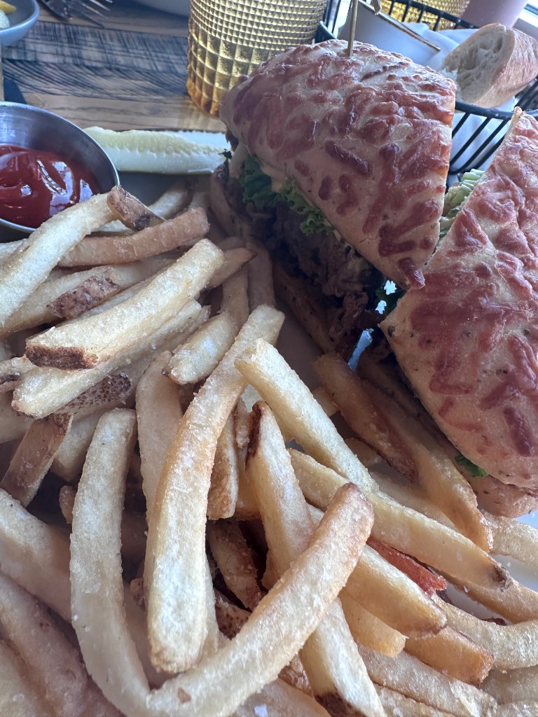 Meatloaf sandwich with fries at Canvas Restaurant