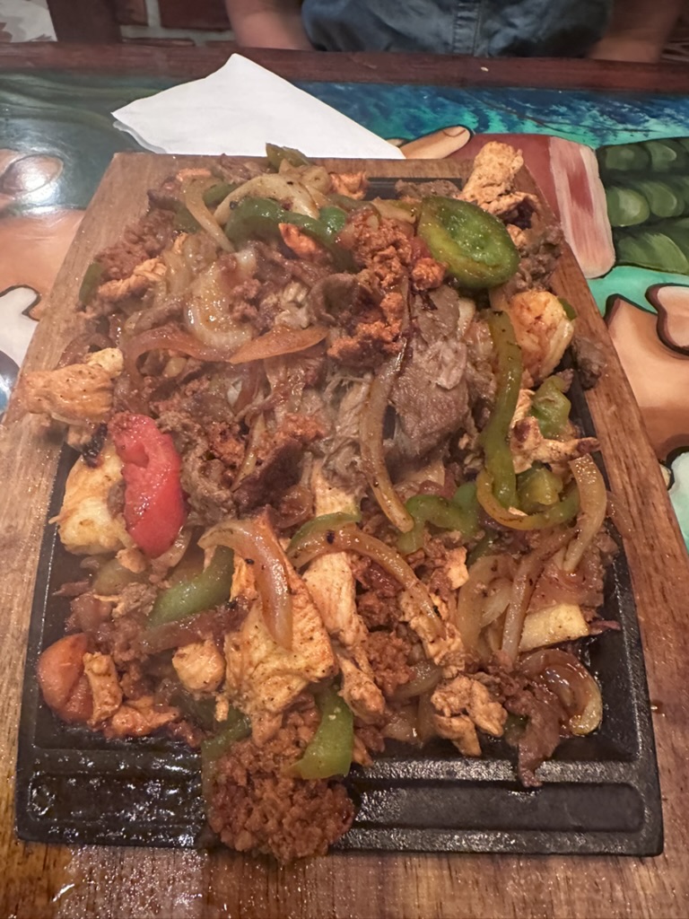 Close-up of the mixed fajitas skillet