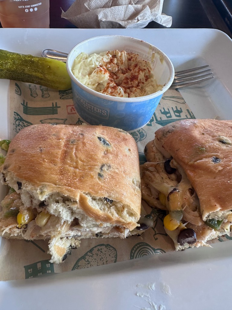 Southwest chicken sandwich with potato salad at McAlister's Deli