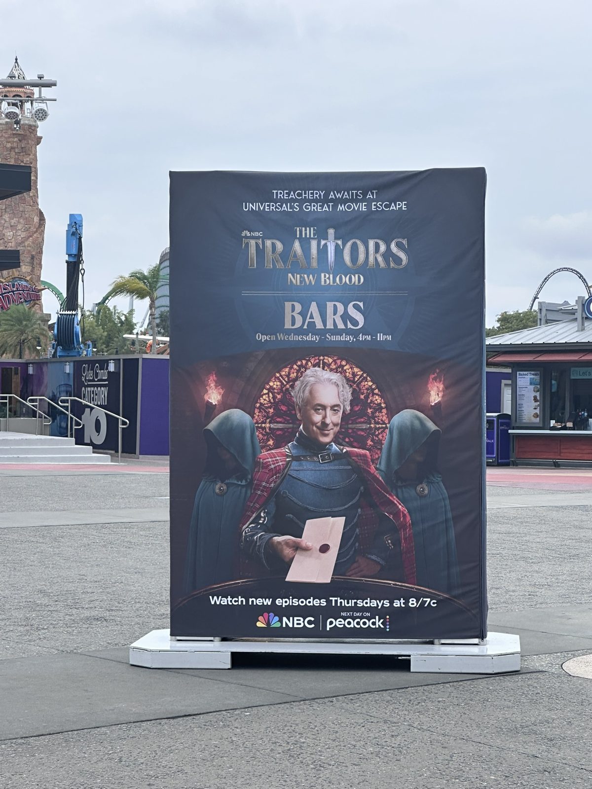 The Traitors: New Blood Bars sign listing Wednesday–Sunday, 4 PM–11 PM